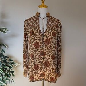 Heart Moon Star Women’s Boho Tunic Top Size Small | Floral Print, Smocked Cuffs